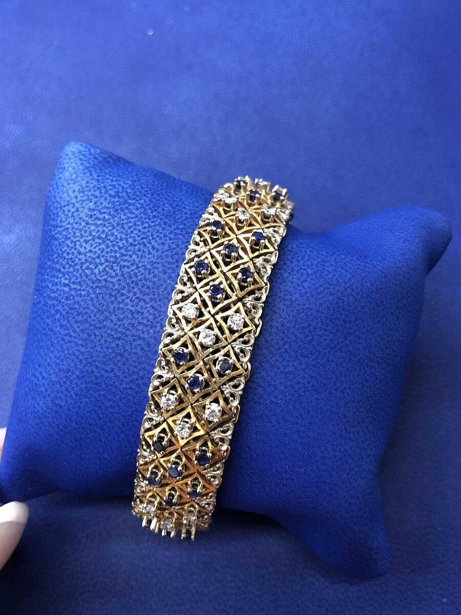 Pulsera Vintage Bicolor Con Zafiros 2,20 Cts Y Brillantes 1,50 Cts Montado En Oro Bicolor De Ley 18Kts | Joyería Finarte New