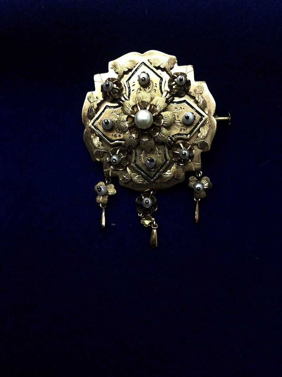 Broche Art-Dec Con Perlas Montado En Oro Amarillo De Ley 18Kts | Joyería Finarte Clearance