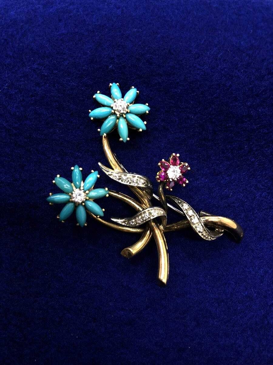 Broche Con Brillantes Y Rub Y Flor Turquesa Montado En Oro Bicolor De Ley 18Kts | Joyería Finarte Best